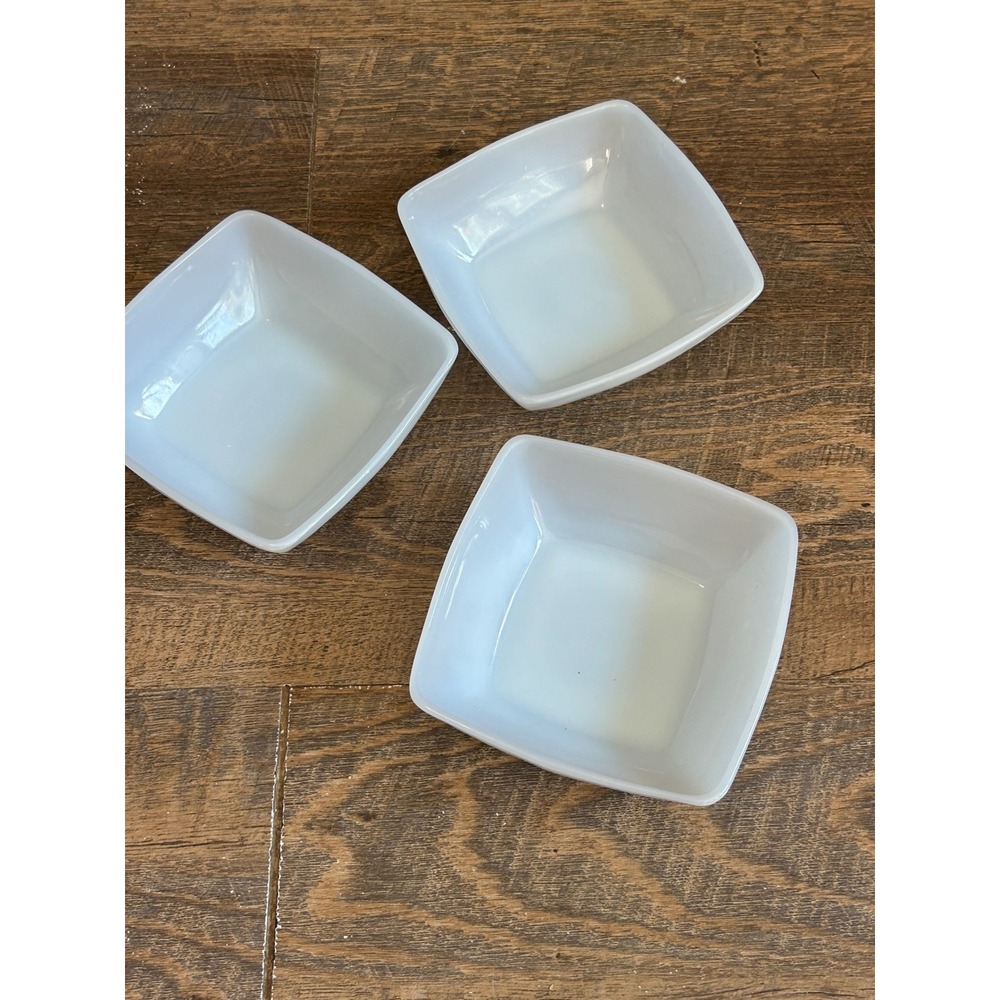 Vintage Fire King Delphite Light Blue Milk Glass Square Soup Cereal Bowls Set 3